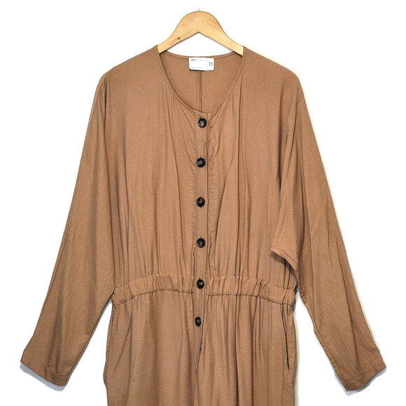 ASOS Tan Brown Relaxed Fit Jumpsuit 14 Scoop Neck Straight Leg Casual Chic - Picture 2 of 12